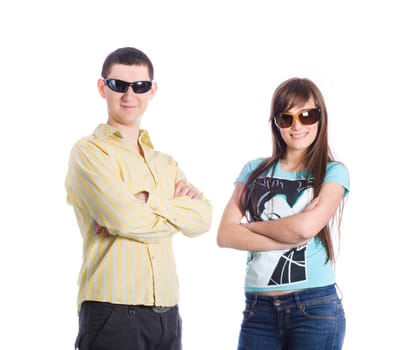 Couple in sunglasses isolated on white background