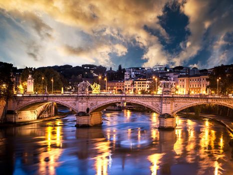 beautiful bridge in the center of Rome in the sunset