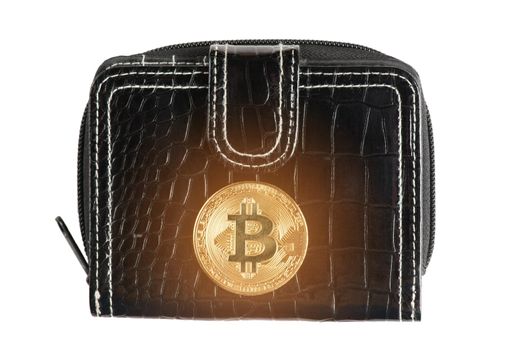 Symbol of virtual money – one bitcoin on purse isolated on a white background.