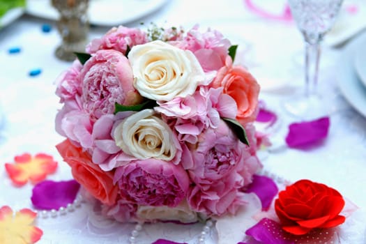 Bouquet with pink roses . Pink and white engagement bouquet