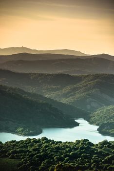 wonderful landscape of sunset in mountain valley with river