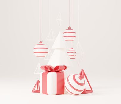 3d Christmas tree with red gift box and ball white background, xmas poster, web banner. 3d render illustration minimal style christmas and new year concept