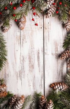 White shabby Christmas border with snow covered pinecones