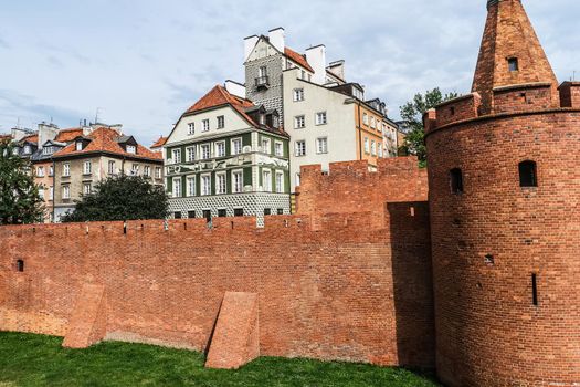 view on Barbakan walls and towers in Warsaw in Poland