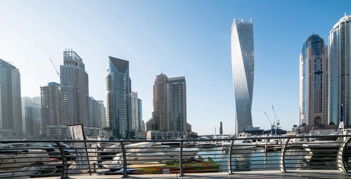 Panoramic view with modern skyscrapers of Dubai, United Arab Emirates