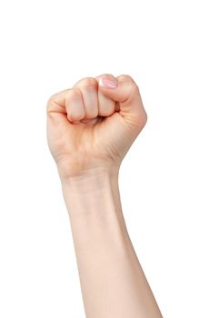 Female fist raised up isolated on white background, copy space