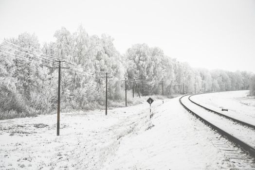 amazing winter landscape of snowy trees along a railway