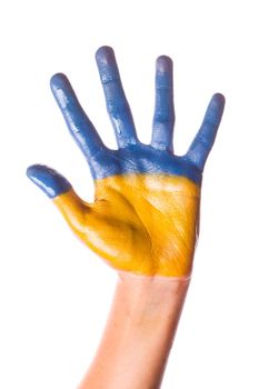 Child's hand painted in colors of Ukraine flag isolated on white