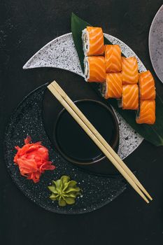 Sushi with salmon, cream cheese Philadelphia, cucumber and wasabi.