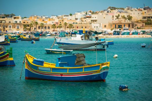 fishing boats near fishing village of Marsaxlokk (Marsascala) in Malta