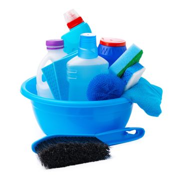 Cleaning items in a blue basin isolated on white background, close up