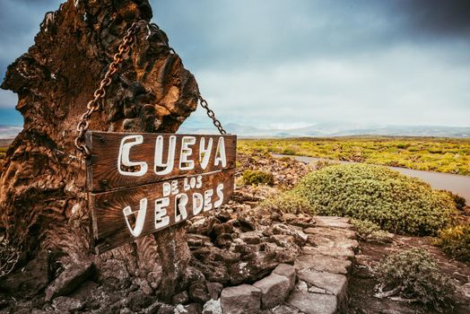 entrance and signboard to Cueva de los Verdes Cave, Lanzarote, Canary Islands, Spain