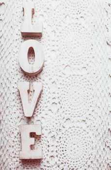 Love wooden letters on the crochet doily, vintage styled