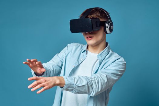 guy wearing virtual glasses technology entertainment popcorn. High quality photo