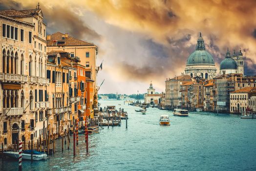 Grand Canal and Basilica Santa Maria della Salute at sunset, Venice, Italy