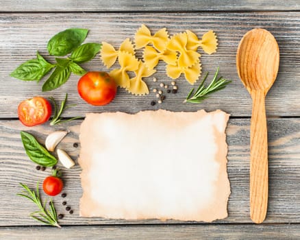 Italian pasta recipe on the old aged paper with copy space