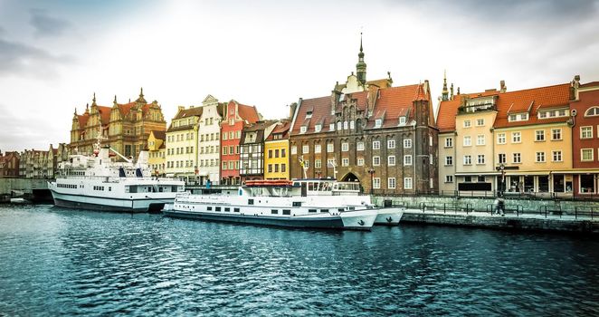 Cityscape on the Vistula River in historic city of Gdansk in Poland