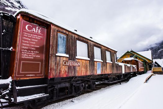 Flam, Norway - December 28, 2014: Station old Flam Railway. The Flam Line (Norwegian: Flamsbana) is a 20.2-kilometer long railway line between Myrdal and Flam in Aurland, Norway.