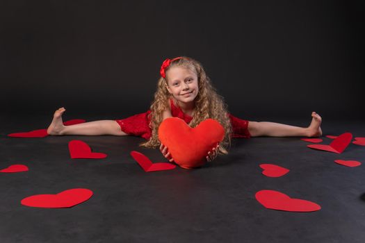 In twine in the hands of the heart paper valentine hearts, flirt design, on the floor hearts married . February 14 banner. emotion forever, engagement in a red dress girl, barefoot