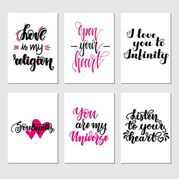 Set of inspirational romantic greeting card with hand lettering. illustration for Valentines day greeting cards, posters, banners and much more.