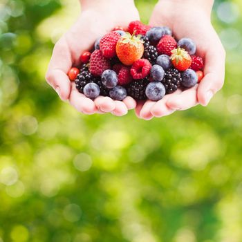 Summer wild berries in hands - raspberry, strawberry, blackberry and blueberry outdoor