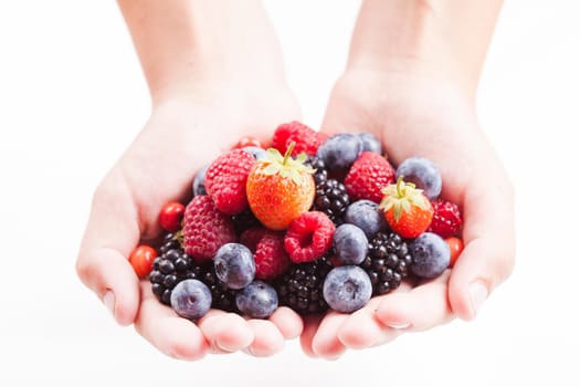 Summer wild berries in hands - raspberry, strawberry, blackberry and blueberry isolated on white