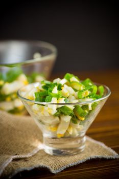 fresh spring salad with boiled squid, boiled eggs and green onions on a wooden table