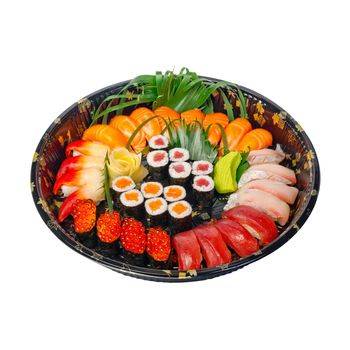 take away selection of fresh sushi express on plastic tray 