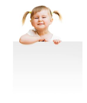 little child with board isolated on a white background
