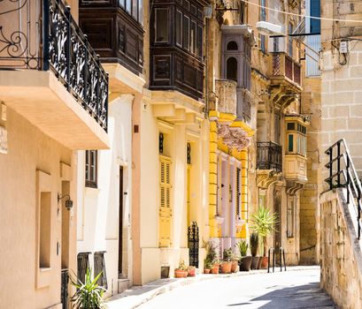 picturesque typical narrow street of Valletta in Malta