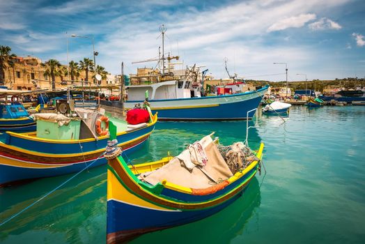 colorful fishing boat in the bay near Marsaxlokk in Malta