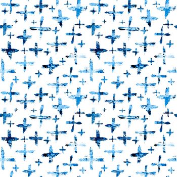 Watercolor seamless pattern with brush cross and strokes. Blue color on white background. Hand painted grange texture. Ink geometric elements. Fashion modern style. Endless fabric print