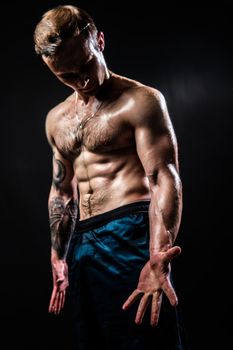 Man on black background keeps dumbbells pumped up in fitness muscle biceps black, body muscular workout hand, healthy lifestyle. Lift skin adult, people fit View from the bottom up good press beautiful muscles hairy chest charisma