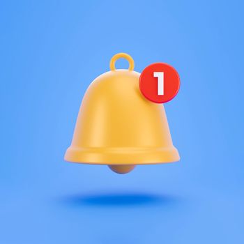3d Yellow notification bell with one new notification on pastel background. Social media notification. Trendy 3D rendering
