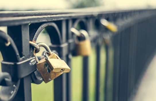 macro photo of two locks on a bridge