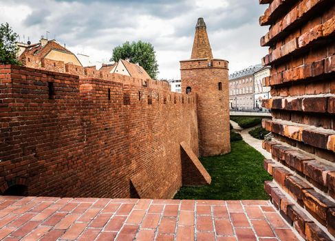 view on Barbakan walls and towers in Warsaw in Poland
