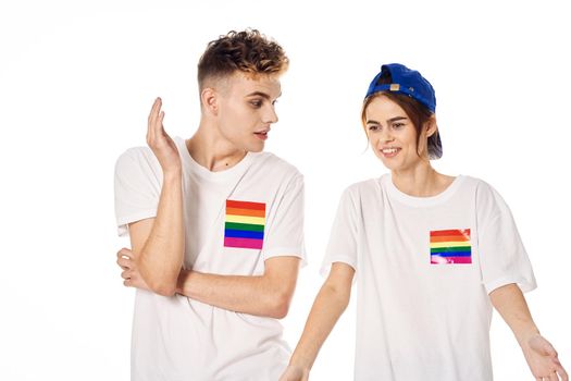young couple lgbt Flag transgender lifestyle light background. High quality photo