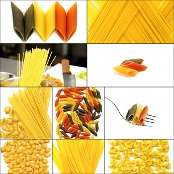 various type of Italian pasta collage on a square frame