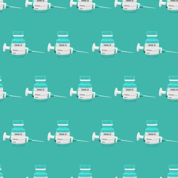 Syringe And Vaccine Bottle 3d render seamless pattern. minimal cartoon concept coronavirus, covid-19 corona virus vaccine vial with syringe 3d illustration