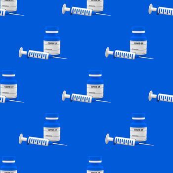 Syringe And Vaccine Bottle 3d render seamless pattern. minimal cartoon concept coronavirus, covid-19 corona virus vaccine vial with syringe 3d illustration