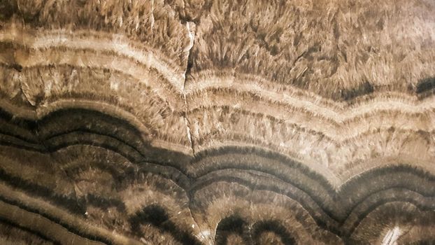 The surface of Sandstone with wavy brown veins. Sulphide agate texture. Wide image of brown natural stone texture Sphalerite. Beautiful wavy pattern of cut of Schalenblende stone close-up.