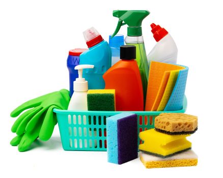 Cleaning items in basket isolated on white background, close up