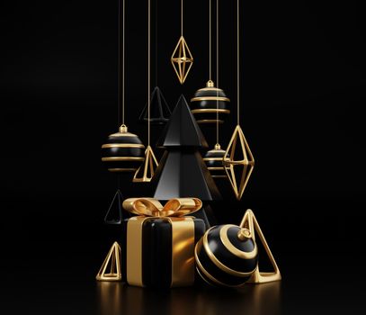 Luxury christmas 3d render banner or greeting card. Modern Minimal New year and Christmas gold and black Decoration with tree, candy, ball, gift box on black background