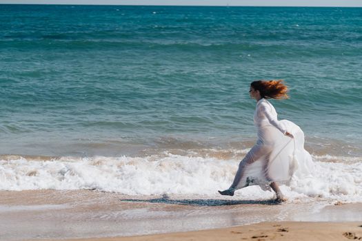 beautiful woman sandy beach waves ocean nature Lifestyle. High quality photo
