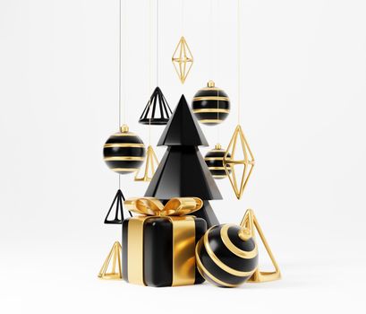 Luxury christmas 3d render banner or greeting card. Modern Minimal New year and Christmas gold and black Decoration with tree, candy, ball, gift box on white background