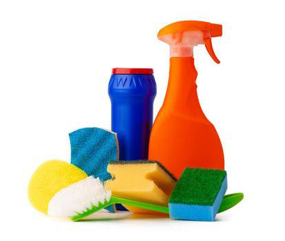 Sanitary household cleaning items isolated on white background, close up