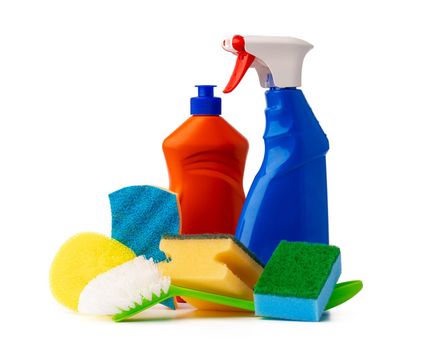 Sanitary household cleaning items isolated on white background, close up