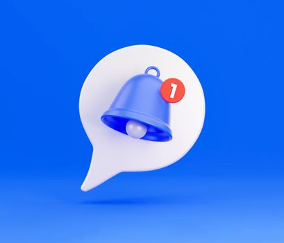Notification message bell icon alert. White 3d speech bubble with a bell about the notification of a call and sms. 3d rendering