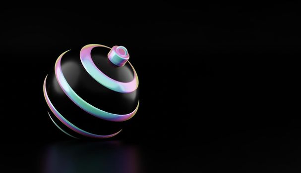 Merry christmas and happy new year holographic ball on black background. 3D rendering of glossy white christmas ball in holographic neon light isolated