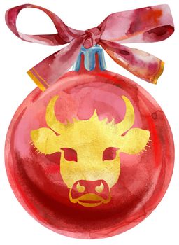 Watercolor Christmas red ball with bow isolated on a white background.
